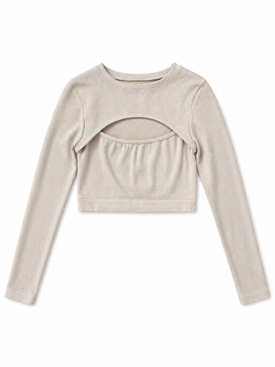 Amazon Tops - Amazon Women's Beige Cutout Long-Sleeve Crop Top